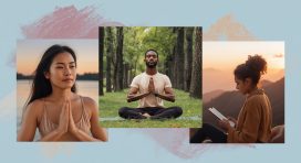 Diverse individuals practicing stress reduction activities like breathing exercises, yoga, and journaling outdoors.